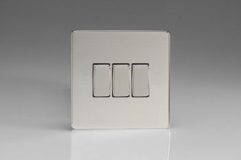 Varilight Flat Plate Screwless Polished Chrome 3-Gang 10A 1- or 2-Way Rocker Switch