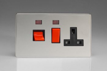 Varilight Flat Plate Screwless Polished Chrome 45A Cooker Panel + Neon with 13A Double Pole Switched Socket Outlet (Red Rocker)