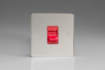 Varilight Screwless Flat Plate Polished Chrome 45A Cooker Switch (Single Plate, Red Rocker)
