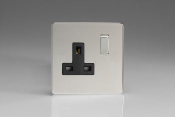 Varilight Flat Plate Screwless Polished Chrome 1-Gang 13A Double Pole Switched Socket with Metal Rockers