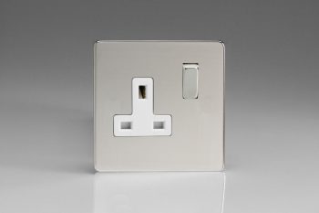 Varilight Flat Plate Screwless Polished Chrome 1-Gang 13A Double Pole Switched Socket with Metal Rockers
