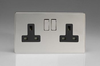 Varilight Flat Plate Screwless Polished Chrome 2-Gang 13A Double Pole Switched Socket with Metal Rockers