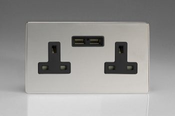 Varilight Flat Plate Screwless Polished Chrome 2-Gang 13A Unswitched Socket + 2 5V DC 2100mA USB Charging Ports