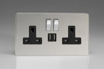 Varilight Flat Plate Screwless Polished Chrome 2-Gang 13A Single Pole Switched Socket with Metal Rockers + 2 5V DC 2100mA USB Charging Ports