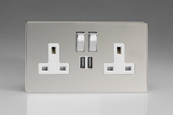 Varilight Flat Plate Screwless Polished Chrome 2-Gang 13A Single Pole Switched Socket with Metal Rockers + 2 5V DC 2100mA USB Charging Ports
