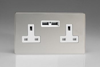 Varilight Flat Plate Screwless Polished Chrome 2-Gang 13A Unswitched Socket + 2 5V DC 2100mA USB Charging Ports