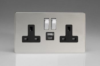 Varilight Flat Plate Screwless Polished Chrome 2-Gang 13A Single Pole Switched Socket with 1x USB A & 1x USB C Charging Ports