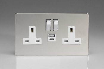 Varilight Flat Plate Screwless Polished Chrome 2-Gang 13A Single Pole Switched Socket with 1x USB A & 1x USB C Charging Ports