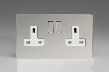 Varilight Flat Plate Screwless Polished Chrome 2-Gang 13A Double Pole Switched Socket with Metal Rockers