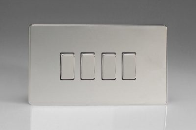 Varilight Flat Plate Screwless Polished Chrome 4-Gang 10A 1- or 2-Way Rocker Switch (Twin Plate)