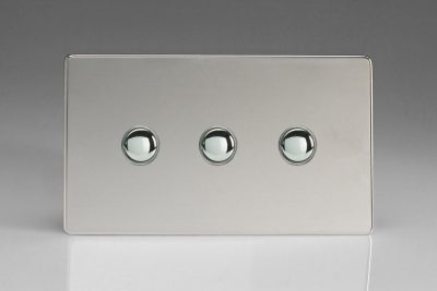 Varilight Flat Plate Screwless Polished Chrome 3-Gang 6A 1- or 2-Way Push-On/Off Impulse Switch (Twin Plate)
