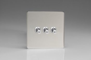 Varilight Flat Plate Screwless Polished Chrome 3-Gang 10A 1- or 2-Way Toggle Switch