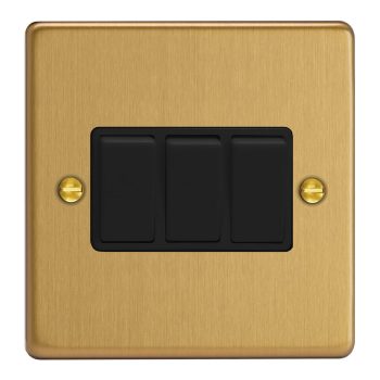 Varilight Essential Brushed Brass 3-Gang 10A 1- or 2-Way Rocker Switch