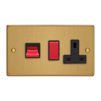 Varilight Essential Brushed Brass 45A Cooker Panel with 13A Double Pole Switched Socket Outlet (Red Rocker)