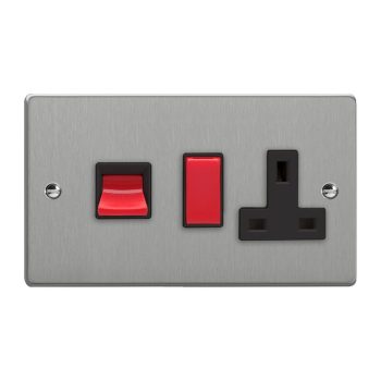 Varilight Essential Brushed Steel 45A Cooker Panel with 13A Double Pole Switched Socket Outlet (Red Rocker)