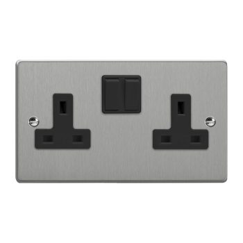 Varilight Essential Brushed Steel 2-Gang 13A Double Pole Switched Socket
