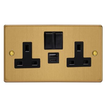 Varilight Essential Brushed Brass 2-Gang 13A Single Pole Switched Socket with 1x USB A & 1x USB C Charging Ports