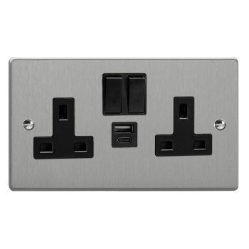 Varilight Essential Brushed Steel 2-Gang 13A Single Pole Switched Socket with 1x USB A & 1x USB C Charging Ports
