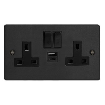 Varilight Essential Matt Black 2-Gang 13A Single Pole Switched Socket with 1x USB A & 1x USB C Charging Ports
