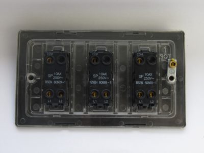 Varilight Essential Brushed Brass 3-Gang 10A 1- or 2-Way Rocker Switch (Twin Plate) - Image 2