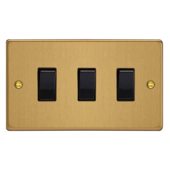 Varilight Essential Brushed Brass 3-Gang 10A 1- or 2-Way Rocker Switch (Twin Plate)