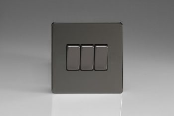 Varilight Flat Plate Screwless Iridium Black 3-Gang 10A 1- or 2-Way Rocker Switch