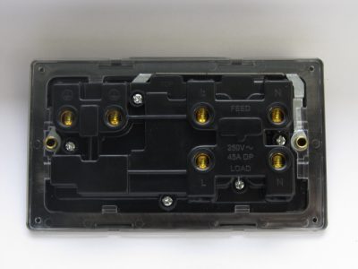 Varilight Flat Plate Screwless Pewter 45A Cooker Panel with 13A Double Pole Switched Socket Outlet (Red Rocker) - Image 2