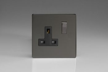 Varilight Flat Plate Screwless Iridium Black 1-Gang 13A Double Pole Switched Socket with Metal Rockers