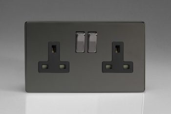 Varilight Flat Plate Screwless Iridium Black 2-Gang 13A Double Pole Switched Socket with Metal Rockers