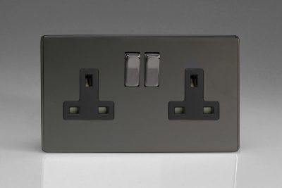 Varilight Flat Plate Screwless Iridium Black 2-Gang 13A Double Pole Switched Socket with Metal Rockers