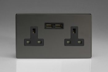 Varilight Flat Plate Screwless Iridium Black 2-Gang 13A Unswitched Socket + 2 5V DC 2100mA USB Charging Ports