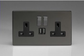 Varilight Flat Plate Screwless Iridium Black 2-Gang 13A Single Pole Switched Socket with Metal Rockers + 2 5V DC 2100mA USB Charging Ports