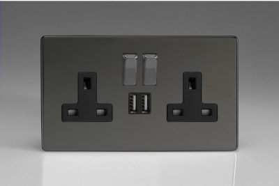 Varilight Flat Plate Screwless Iridium Black 2-Gang 13A Single Pole Switched Socket with Metal Rockers + 2 5V DC 2100mA USB Charging Ports