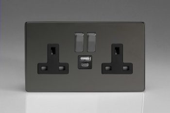 Varilight Flat Plate Screwless Iridium 2-Gang 13A Single Pole Switched Socket with 1x USB A & 1x USB C Charging Ports