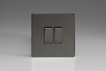 Varilight Flat Plate Screwless Iridium Black 2-Gang (10A Intermediate Switch + 10A 1- or 2-Way Rocker Switch)