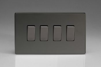 Varilight Flat Plate Screwless Iridium Black 4-Gang 10A 1- or 2-Way Rocker Switch (Twin Plate)