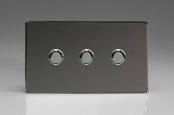 Varilight Flat Plate Screwless Iridium Black 3-Gang 6A 1-Way Push-to-Make Momentary Switch (Twin Plate)