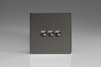 Varilight Flat Plate Screwless Iridium Black 3-Gang 10A 1- or 2-Way Toggle Switch
