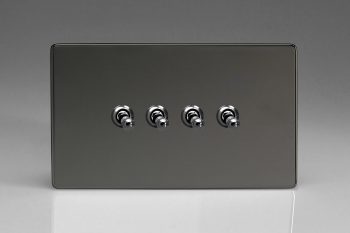 Varilight Flat Plate Screwless Iridium Black 4-Gang 10A 1- or 2-Way Toggle Switch (Twin Plate)