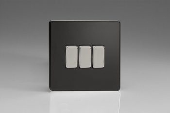 Varilight Flat Plate Screwless Jet Black 3-Gang 10A 1- or 2-Way Rocker Switch
