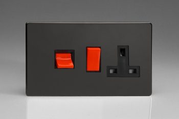 Varilight Flat Plate Screwless Jet Black 45A Cooker Panel with 13A Double Pole Switched Socket Outlet (Red Rocker)
