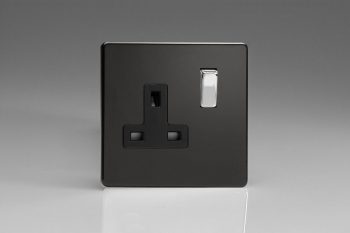 Varilight Flat Plate Screwless Jet Black 1-Gang 13A Double Pole Switched Socket with Metal Rockers