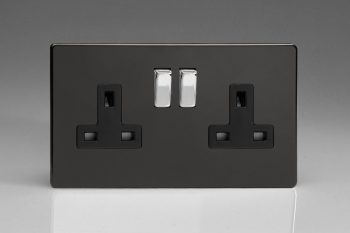 Varilight Flat Plate Screwless Jet Black 2-Gang 13A Double Pole Switched Socket with Metal Rockers