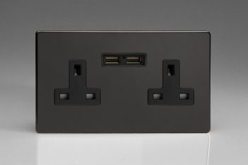 Varilight Flat Plate Screwless Jet Black 2-Gang 13A Unswitched Socket + 2 5V DC 2100mA USB Charging Ports
