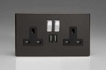 Varilight Flat Plate Screwless Jet Black 2-Gang 13A Single Pole Switched Socket with Metal Rockers + 2 5V DC 2100mA USB Charging Ports