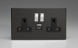 Varilight Flat Plate Screwless Jet Black 2-Gang 13A Single Pole Switched Socket with 1x USB A & 1x USB C Charging Ports