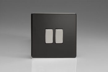 Varilight Flat Plate Screwless Jet Black 2-Gang (10A Intermediate Switch + 10A 1- or 2-Way Rocker Switch)