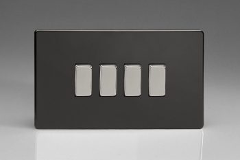 Varilight Flat Plate Screwless Jet Black 4-Gang 10A 1- or 2-Way Rocker Switch (Twin Plate)