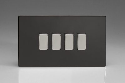 Varilight Flat Plate Screwless Jet Black 4-Gang 10A 1- or 2-Way Rocker Switch (Twin Plate)