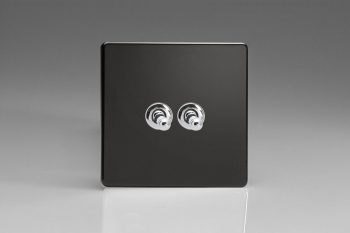 Varilight Flat Plate Screwless Jet Black 2-Gang 10A 1- or 2-Way Toggle Switch